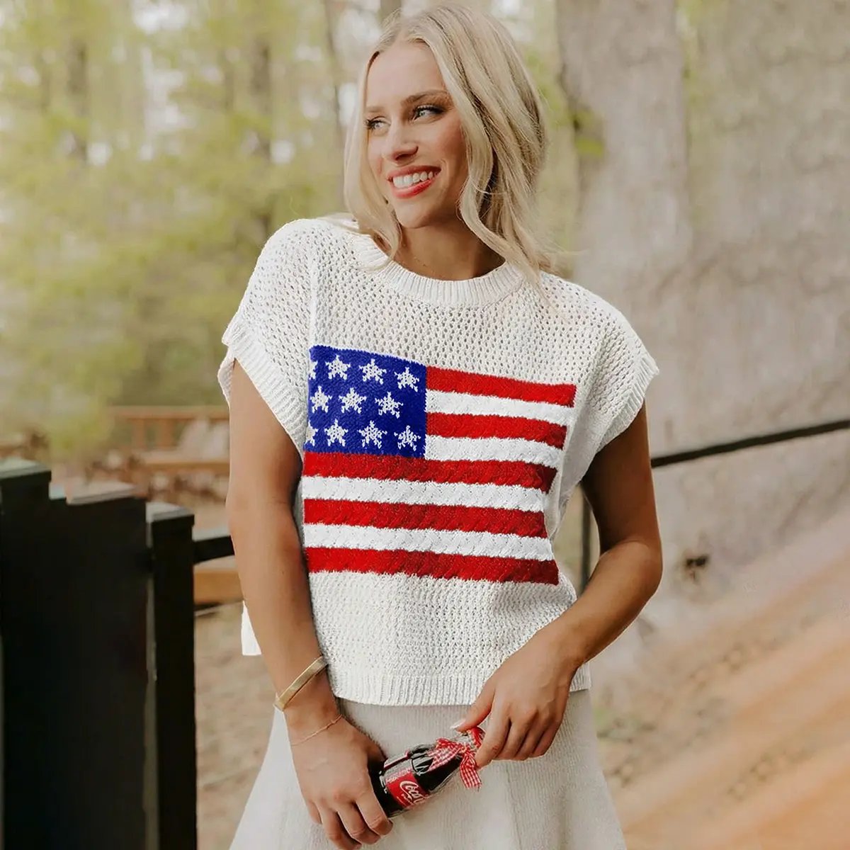 🔥Women's Flag Graphic Hollow Out Short Sleeve Top