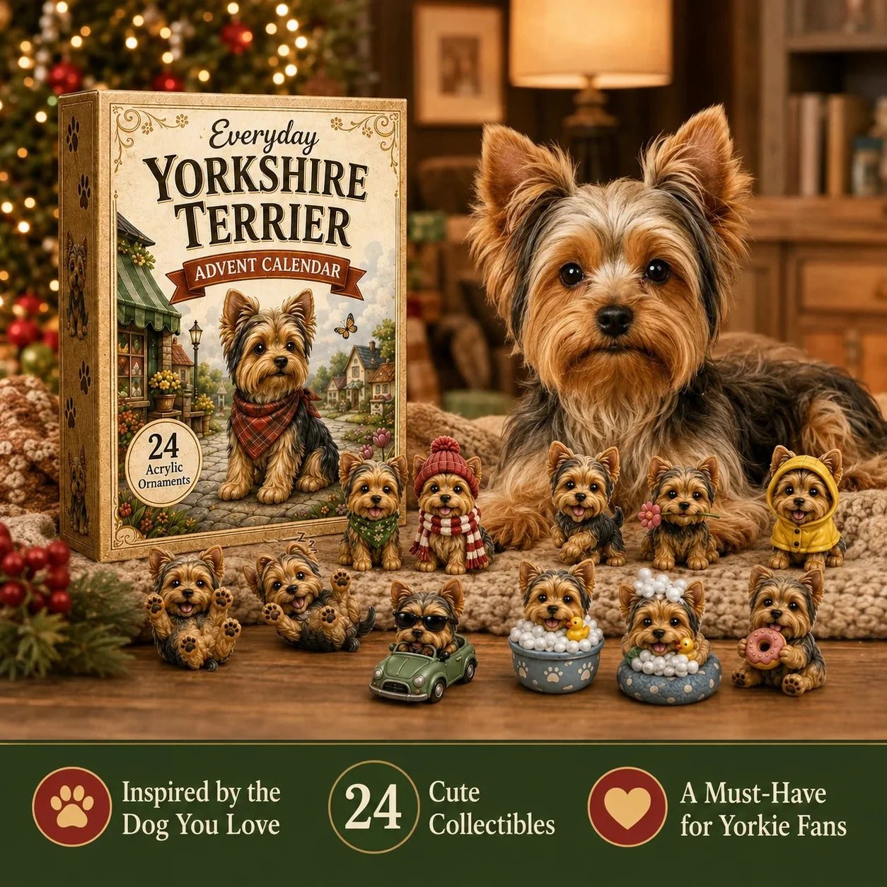 🎄💥Yorkshire Terrier Advent Calendar – 24 Unique Yorkie Acrylic Ornaments & Daily Christmas Surprises