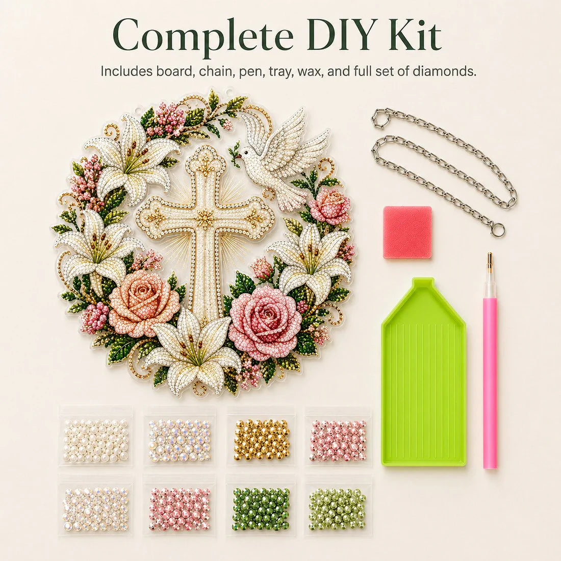 💐✝️ Cross, Flowers & Peace Dove Diamond Art Hanging Ornament Kit🌺