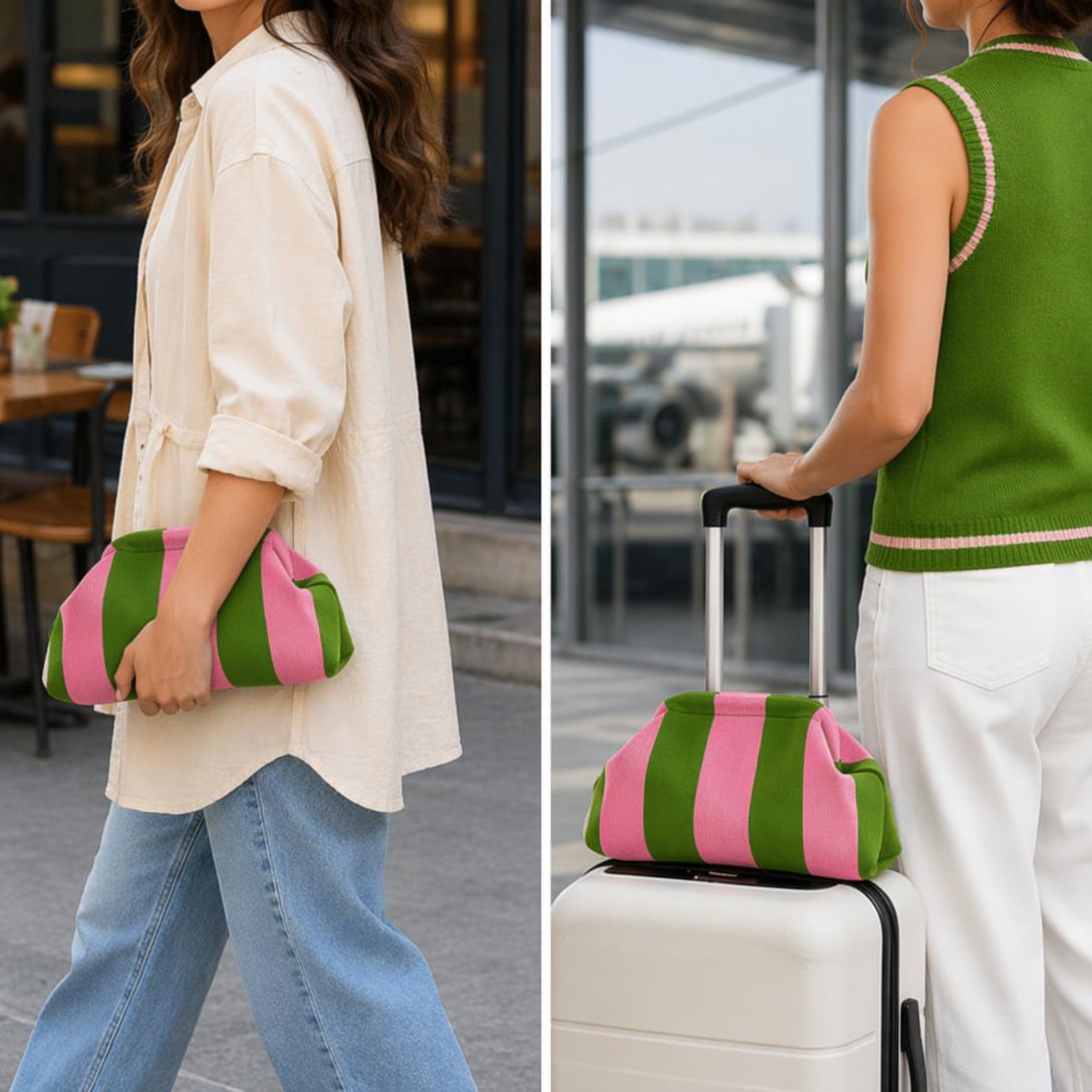 Women's Striped & Diamond Dot Cloud Handbag – Lightweight Clip-Top Crossbody Bag for Everyday Style 👜