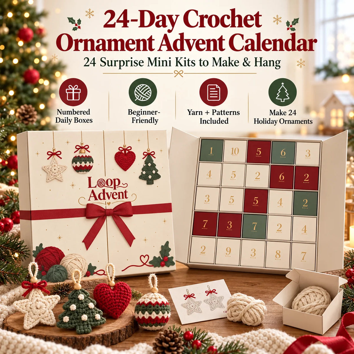 🎄 24-Day Crochet Christmas Advent Calendar– 24 Surprise DIY Ornament Kits to Make & Hang 🧶