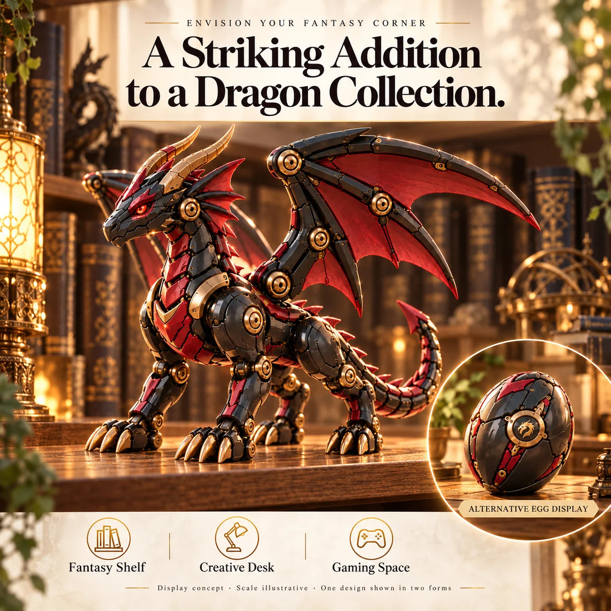 🔥last Day 49% Off -🐉 Mechanical Dragon Egg – Black & Crimson Dragon With Folding Wings & Armored Details