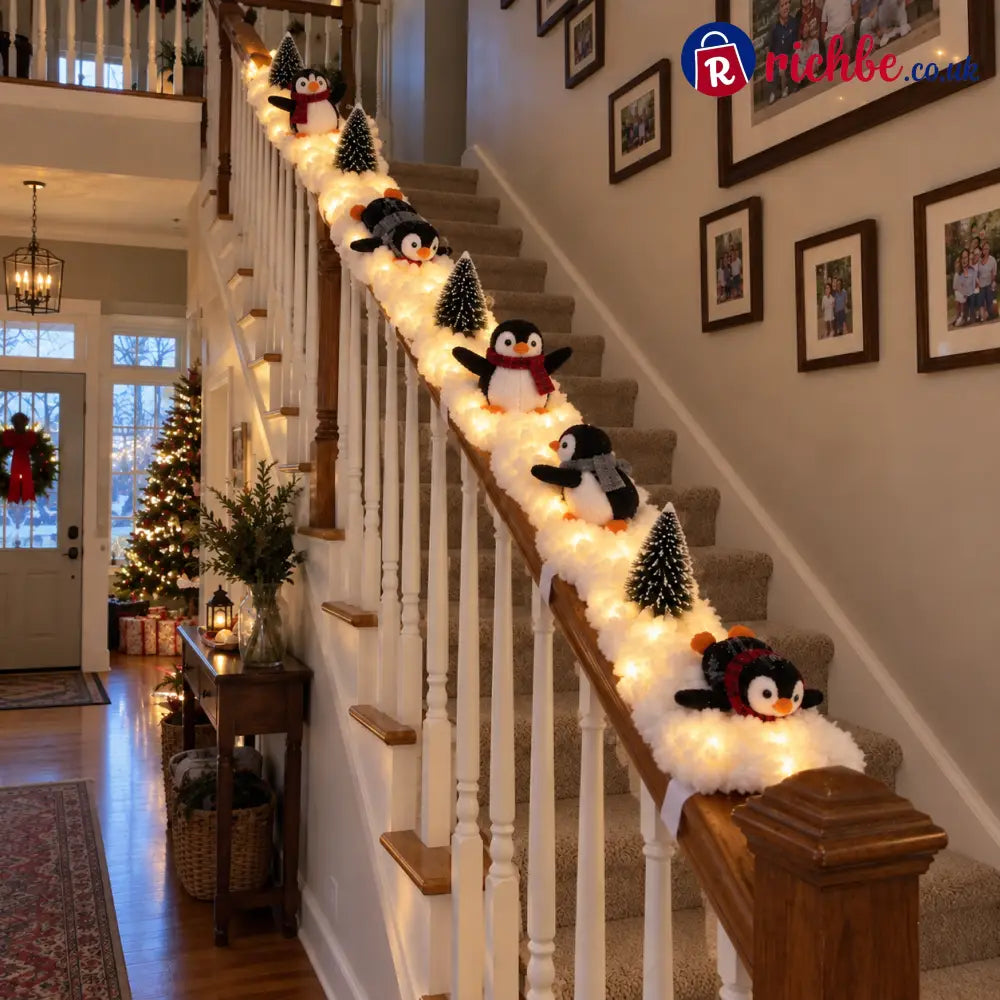🐧 Light-Up Penguin Christmas Stair Garland – Turn Your Banister Into a Winter Wonderland ✨