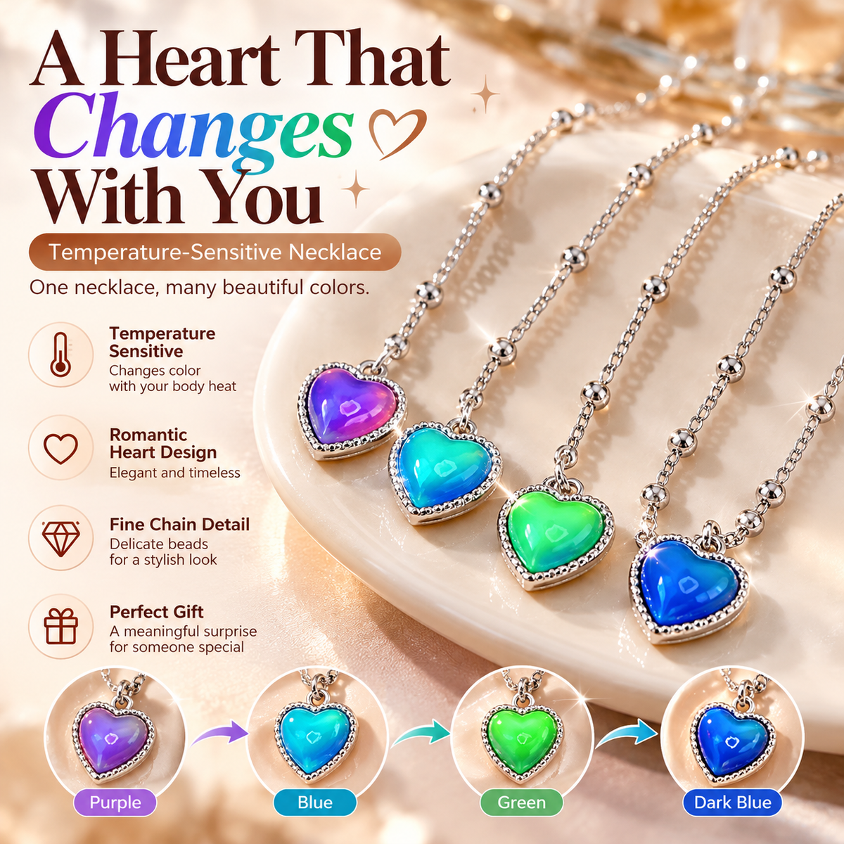 💖 Magic Color-Changing Heart Necklace – Temperature-Sensitive Mood Pendant, A Unique Romantic Gift for Her
