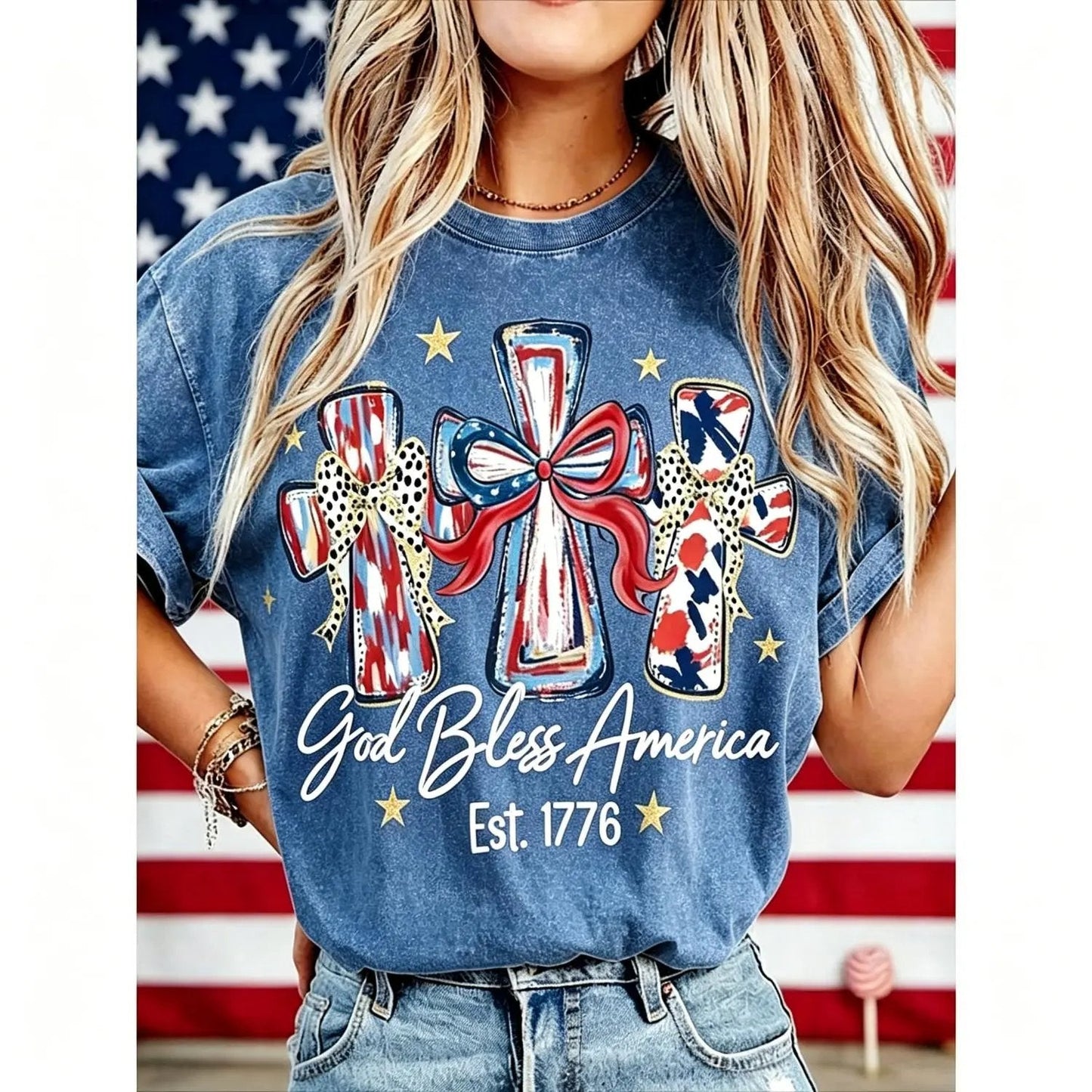 ⭐ God Bless America Women  T-Shirt - Vintage 250th Anniversary USA Gift Tee🎆