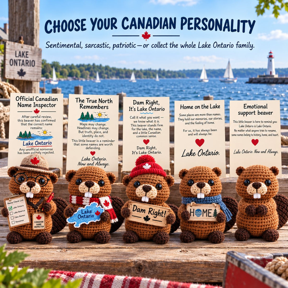 🦫 Lake Ontario Emotional Support Beaver Crochet Keepsake | 5 Canadian-Inspired Personalities with Matching Message Cards for Cottage Families, Lake Lovers & Meaningful Gifts 🍁