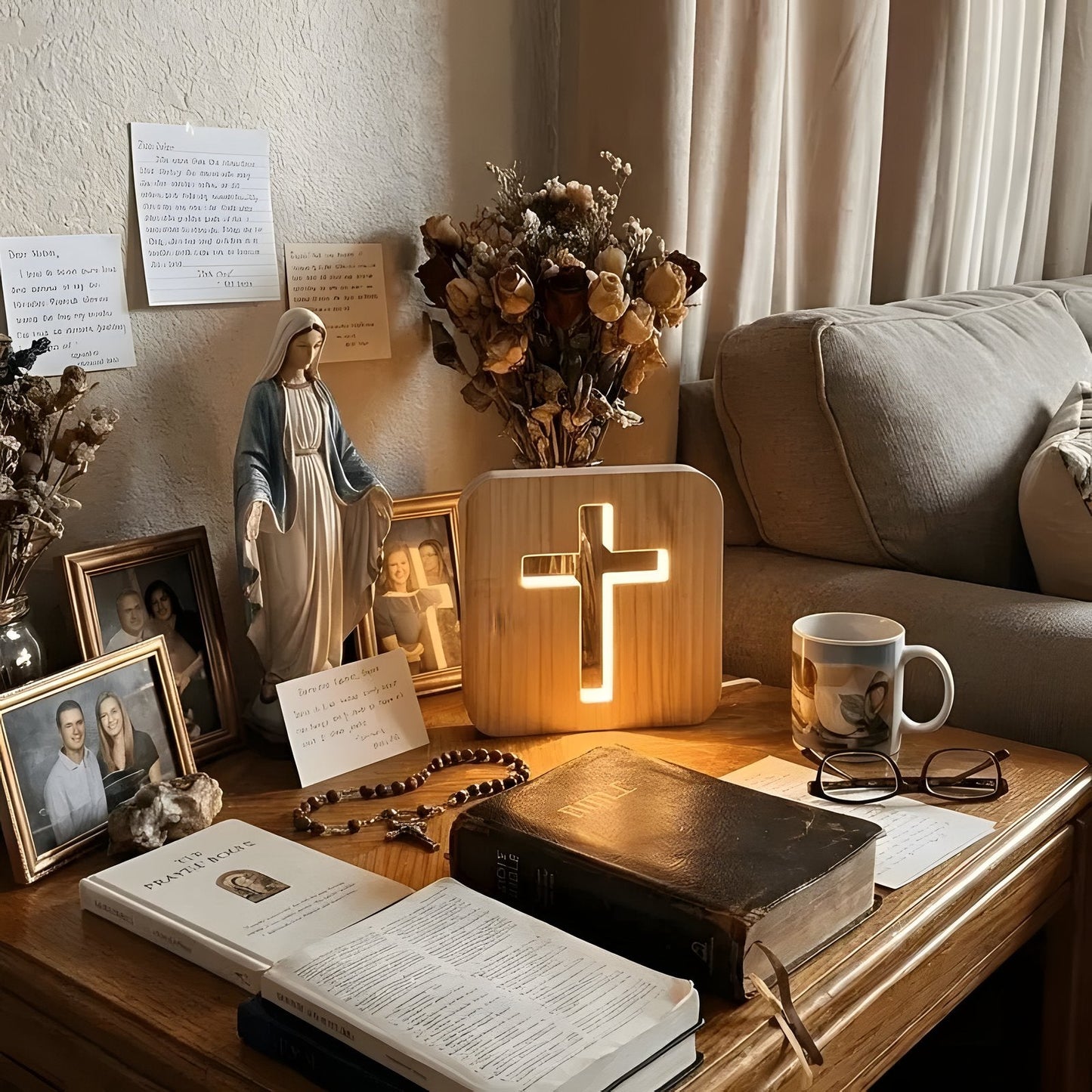 Wooden cross lamp beside bible, rosary, and family photos