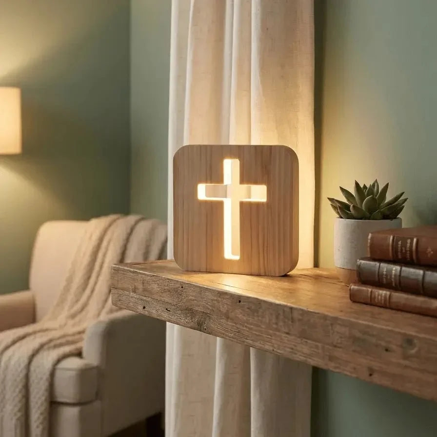 Wooden cross lamp lit warmly next to a bookshelf and plant