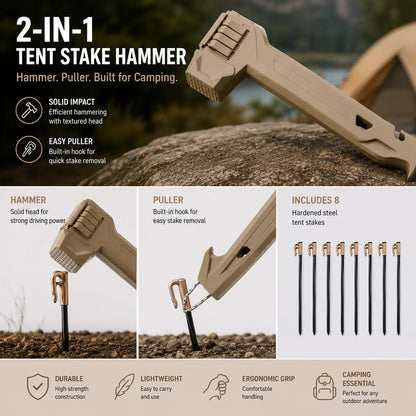 🔨2-in-1 Tent Stake Hammer with Built-In Storage for 8 Stakes and Stake Puller for Outdoor Camping