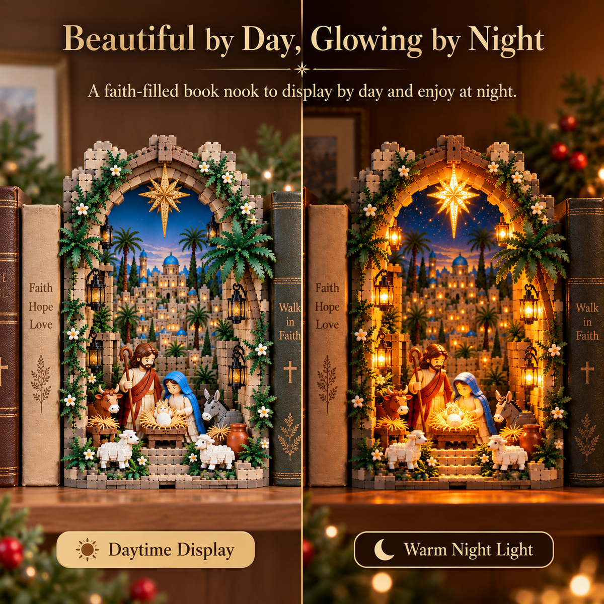✨ Lighted Bethlehem Nativity Book Nook – Christmas Building Block Display of Faith