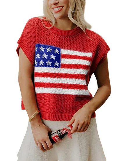 🔥Women's Flag Graphic Hollow Out Short Sleeve Top