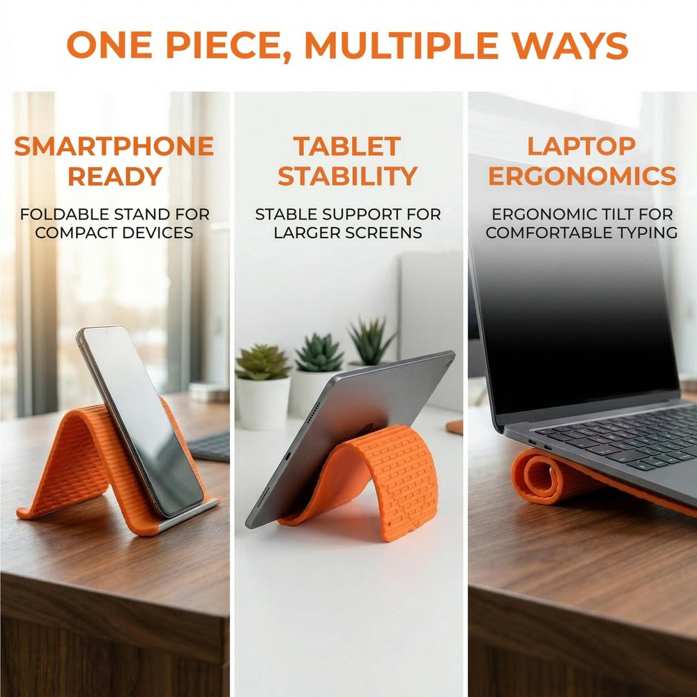 Flexible stand supporting a phone, tablet and laptop
