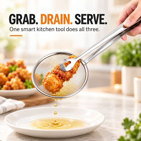 🔥（BUY 1 GET 1 FREE）2-in-1 Stainless Steel Strainer Tongs – Grab, Drain & Serve with One Tool