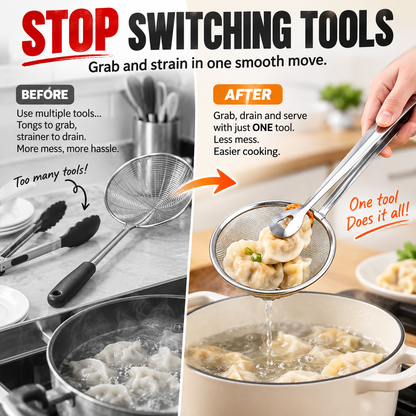 🔥（BUY 1 GET 1 FREE）2-in-1 Stainless Steel Strainer Tongs – Grab, Drain & Serve with One Tool