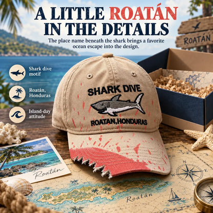 🦈 Shark Bite Baseball Cap | Embroidered Shark • Bite-Shaped Frayed Brim