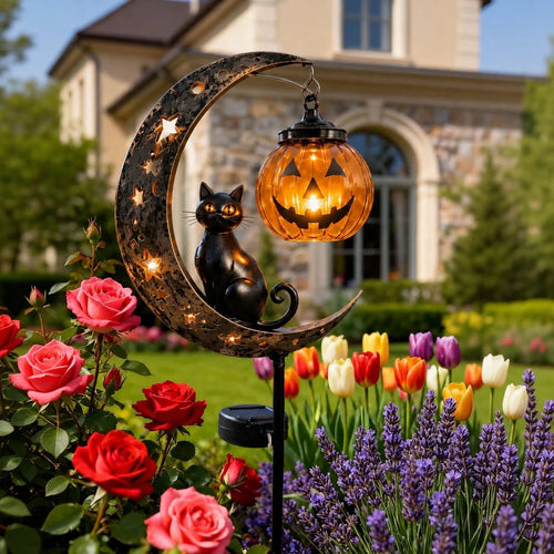 ☀️Solar Halloween Black Cat & 🎃Pumpkin Moon Garden Stake Light