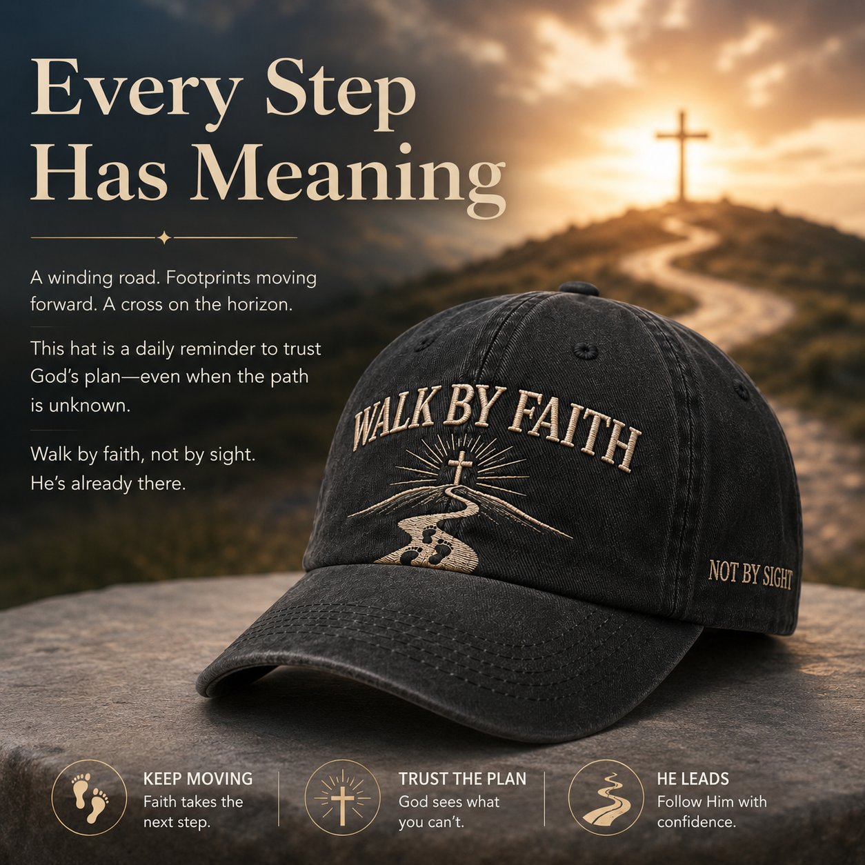 Every step has meaning inspirational cross and sunset Walk By Faith cap scene