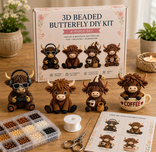 3D Highland Cow DIY Bead Kit – 4 Adorable Handmade Cow Designs Craft Set
