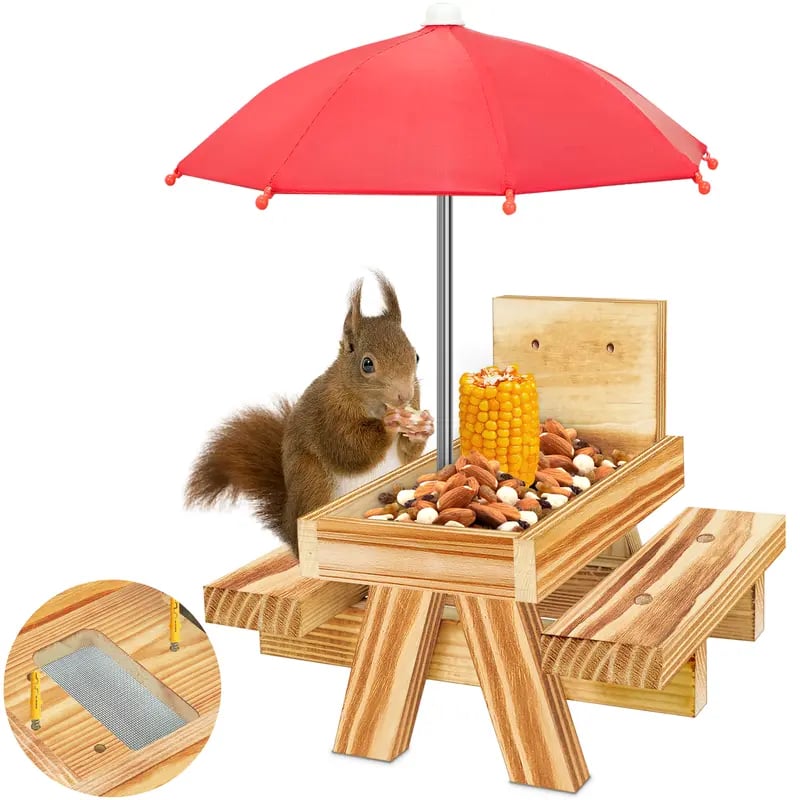 🐿️Cute Carbonized Wood Squirrel Feeder with Umbrella – Fun Picnic Table Design☂️