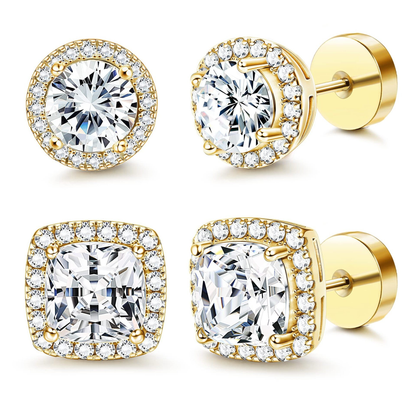 Halo Stud Earrings 4-Pack(Buy 1 get 1 free) - Gold & Silver Round/Square Styles