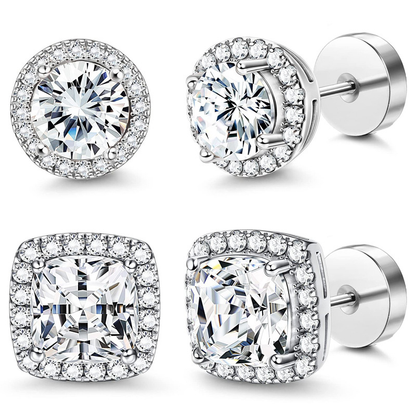 Halo Stud Earrings 4-Pack(Buy 1 get 1 free) - Gold & Silver Round/Square Styles