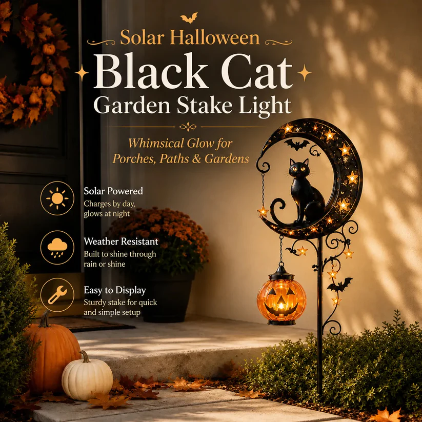 ☀️Solar Halloween Black Cat & 🎃Pumpkin Moon Garden Stake Light