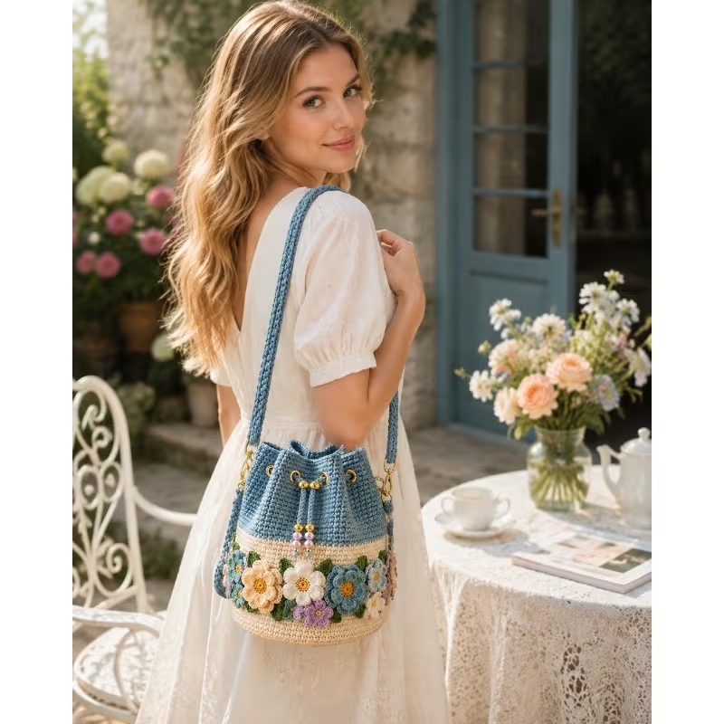 🌼Bohemian Style Handmade Crochet Flower Bucket Bag👜