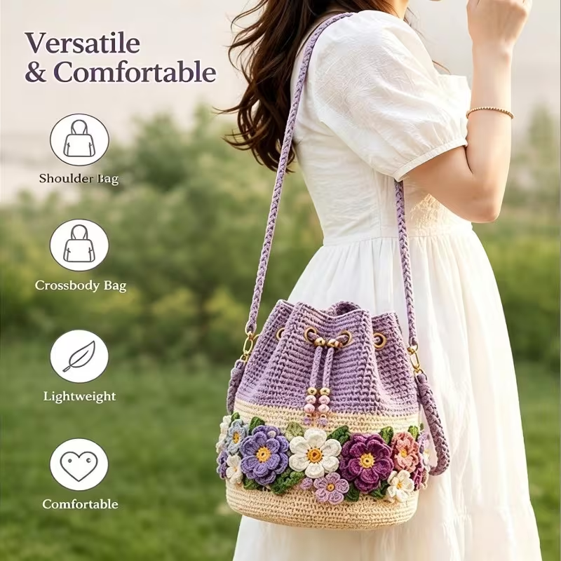 🌼Bohemian Style Handmade Crochet Flower Bucket Bag👜