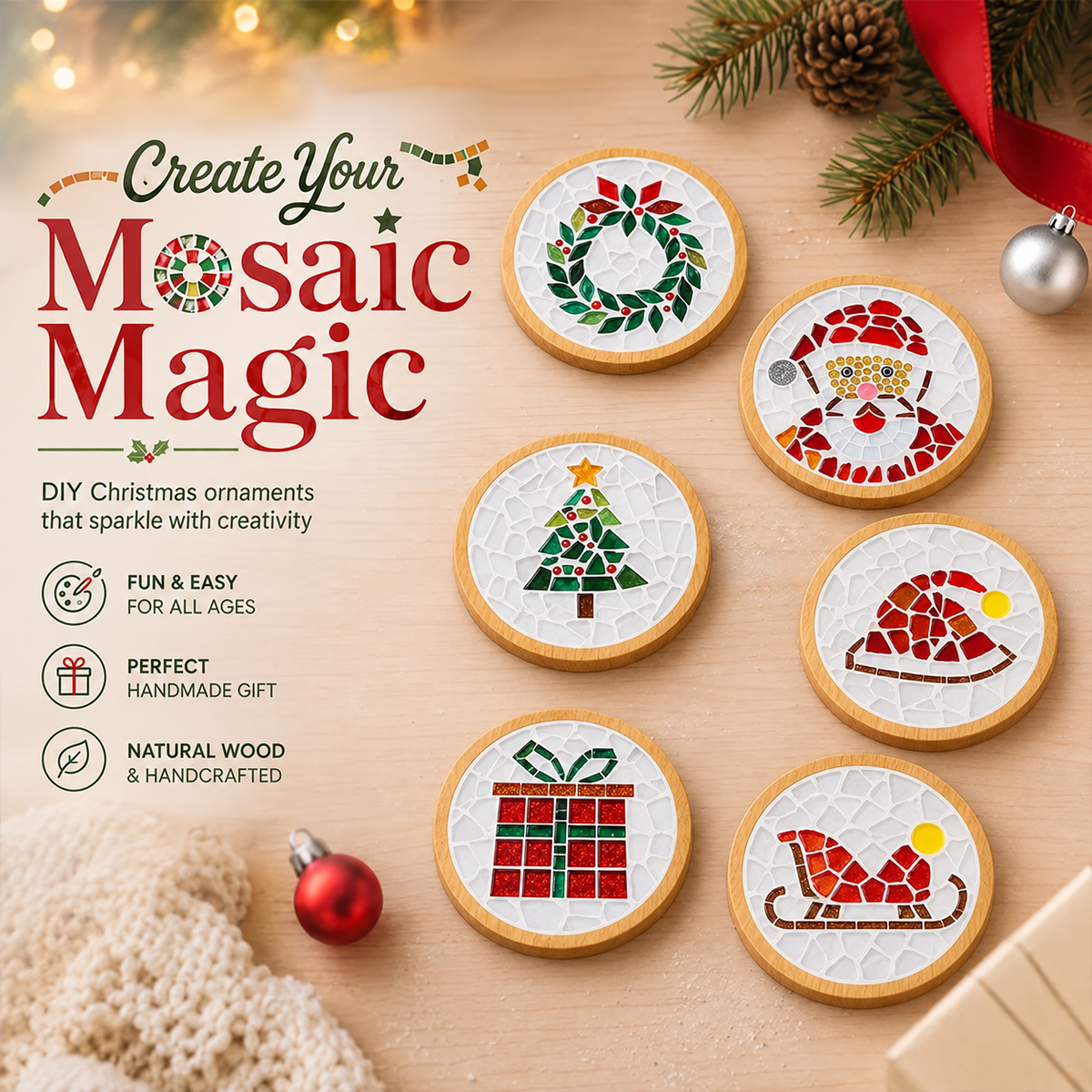 Christmas Mosaic Coaster Craft Kit – DIY Holiday Gift Set🎨 6 Designs