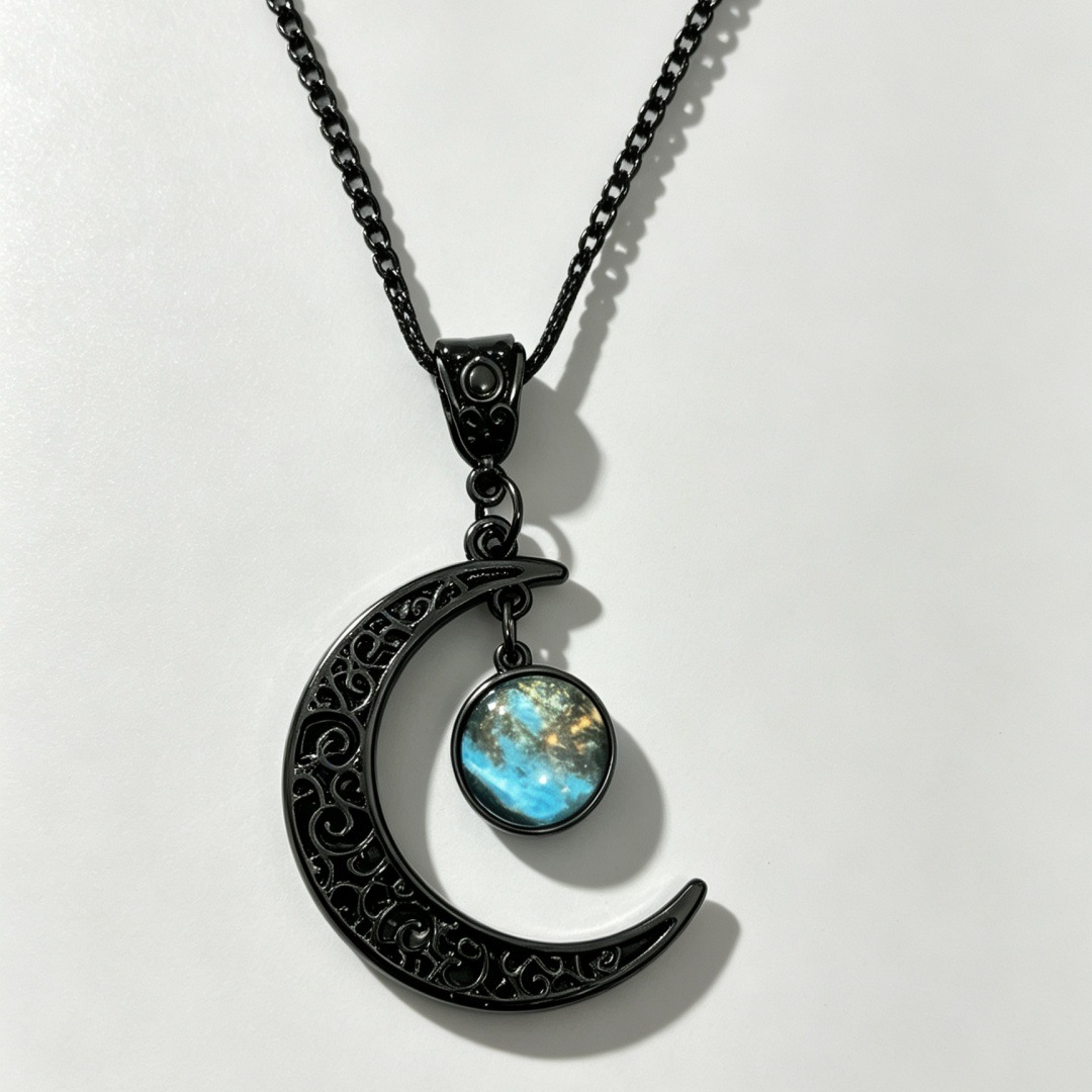 Gothic Dark Crystal Beaded Chain Necklace with Hollow Out Moon Alloy Pendant🖤🌙
