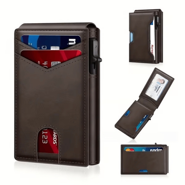 💼🔒Premium Aluminum RFID Blocking Minimalist Wallet for Men - Pop-Up Card Access, Money Clip & ID Window