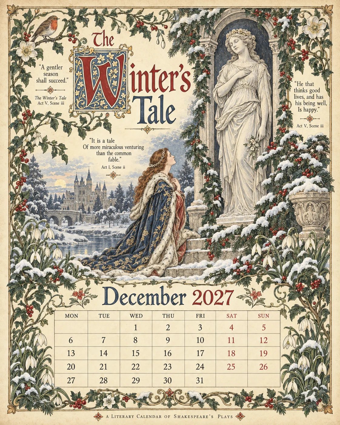 A Shakespearean Year 2027 – 12 Plays Through the Seasons | Vintage Illustrated Wall Calendar