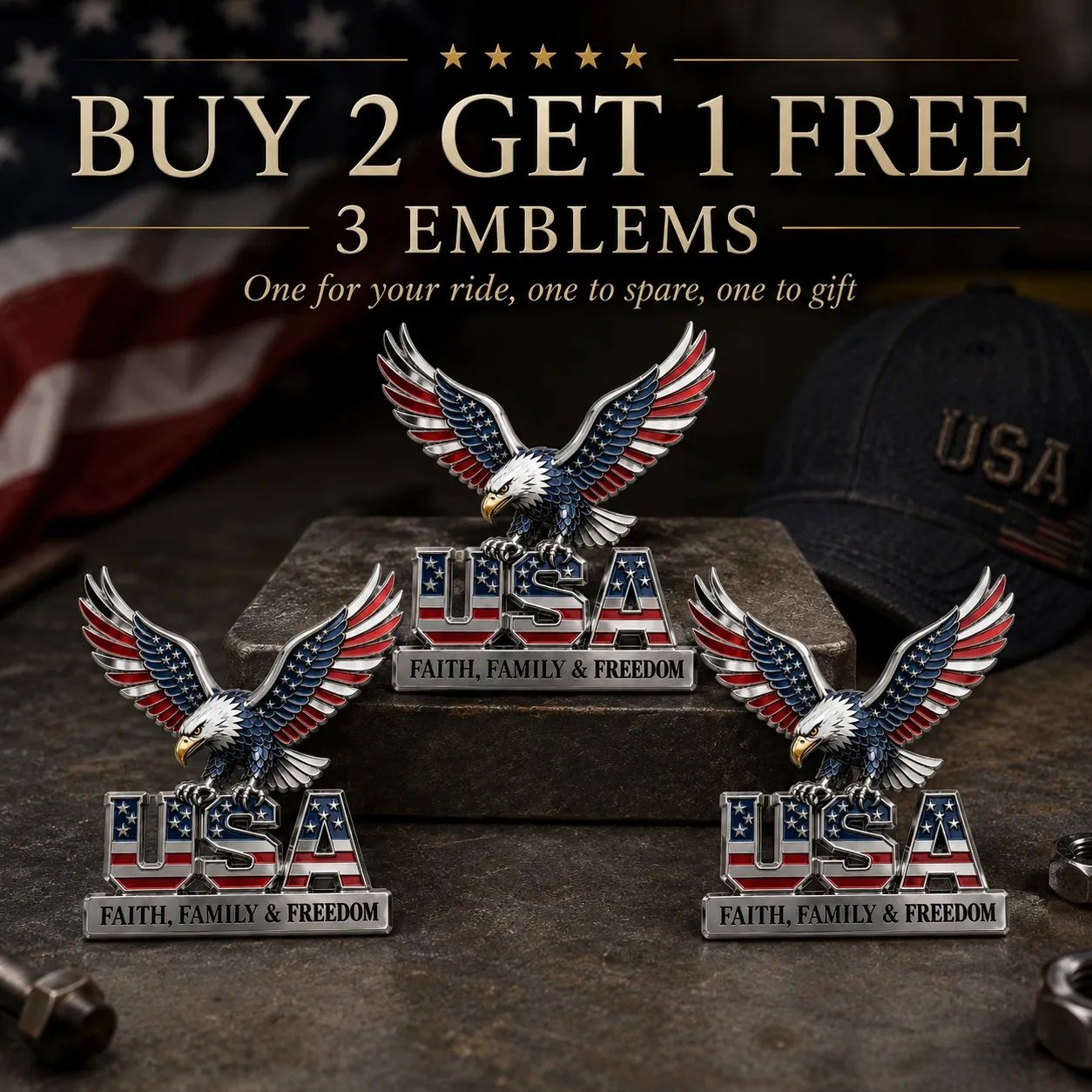 🇺🇸250th Anniversary - ★USA Faith, Family & Freedom★ Metal Emblem