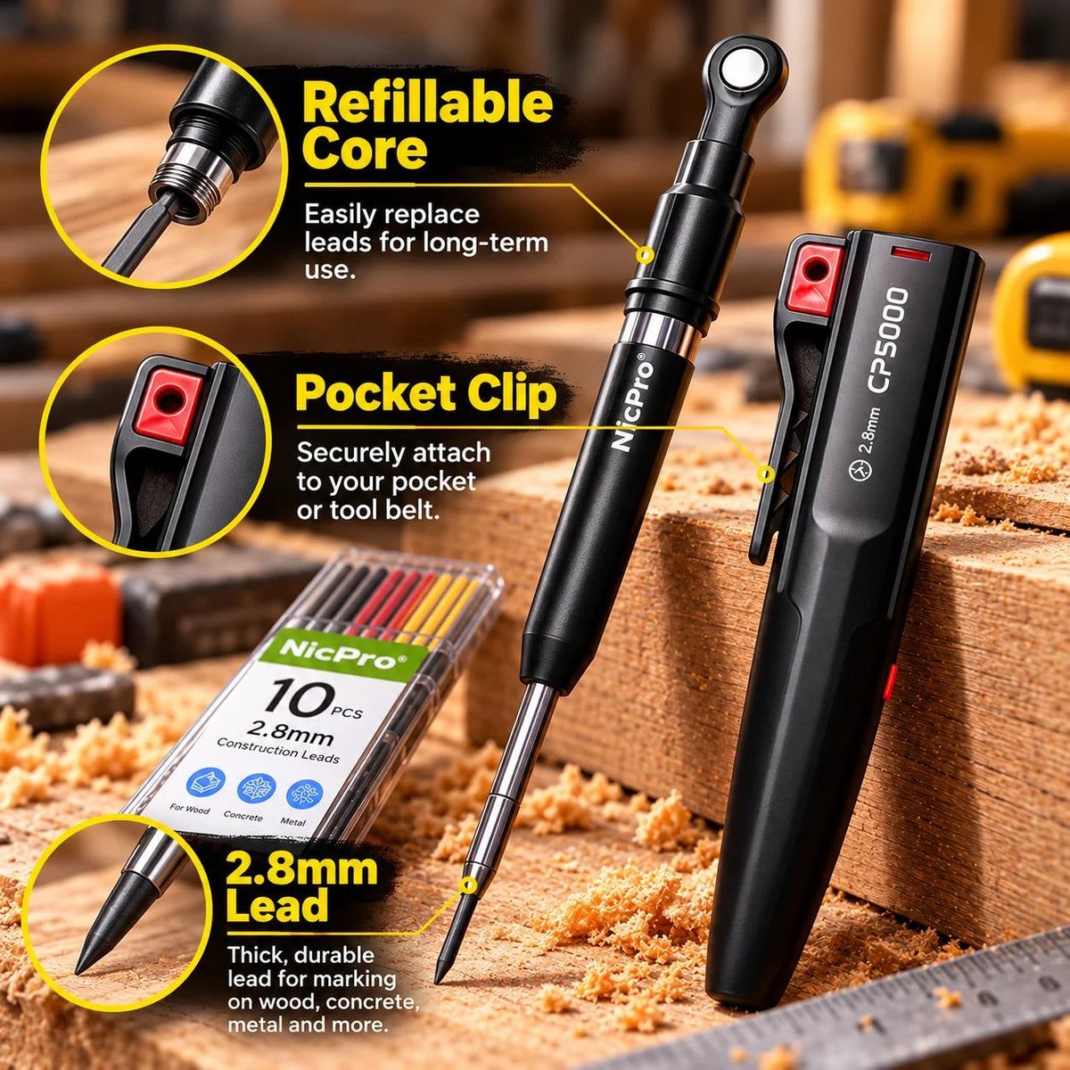 ✏️ Reusable Construction Pencil with FREE 10-Piece Lead Refill Case