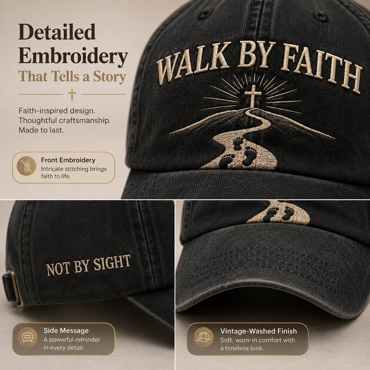 Walk By Faith cap front embroidery and vintage-washed finish detail