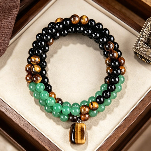 Tiger Eye & Obsidian & Green Aventurine Triple Protection Bracelet