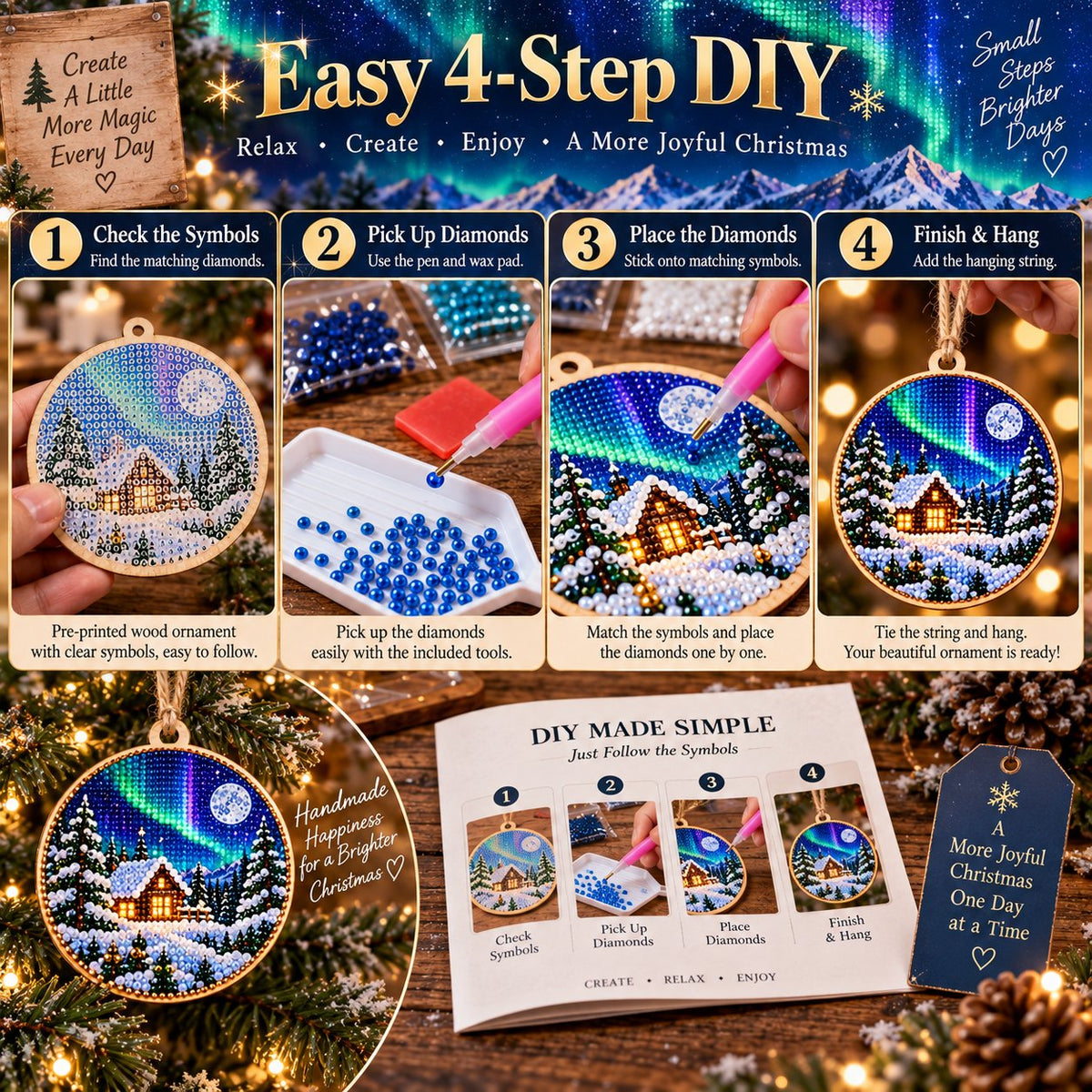 🌌 14-Day Aurora Diamond Painting Advent Calendar – DIY Wooden Christmas Ornament Kit
