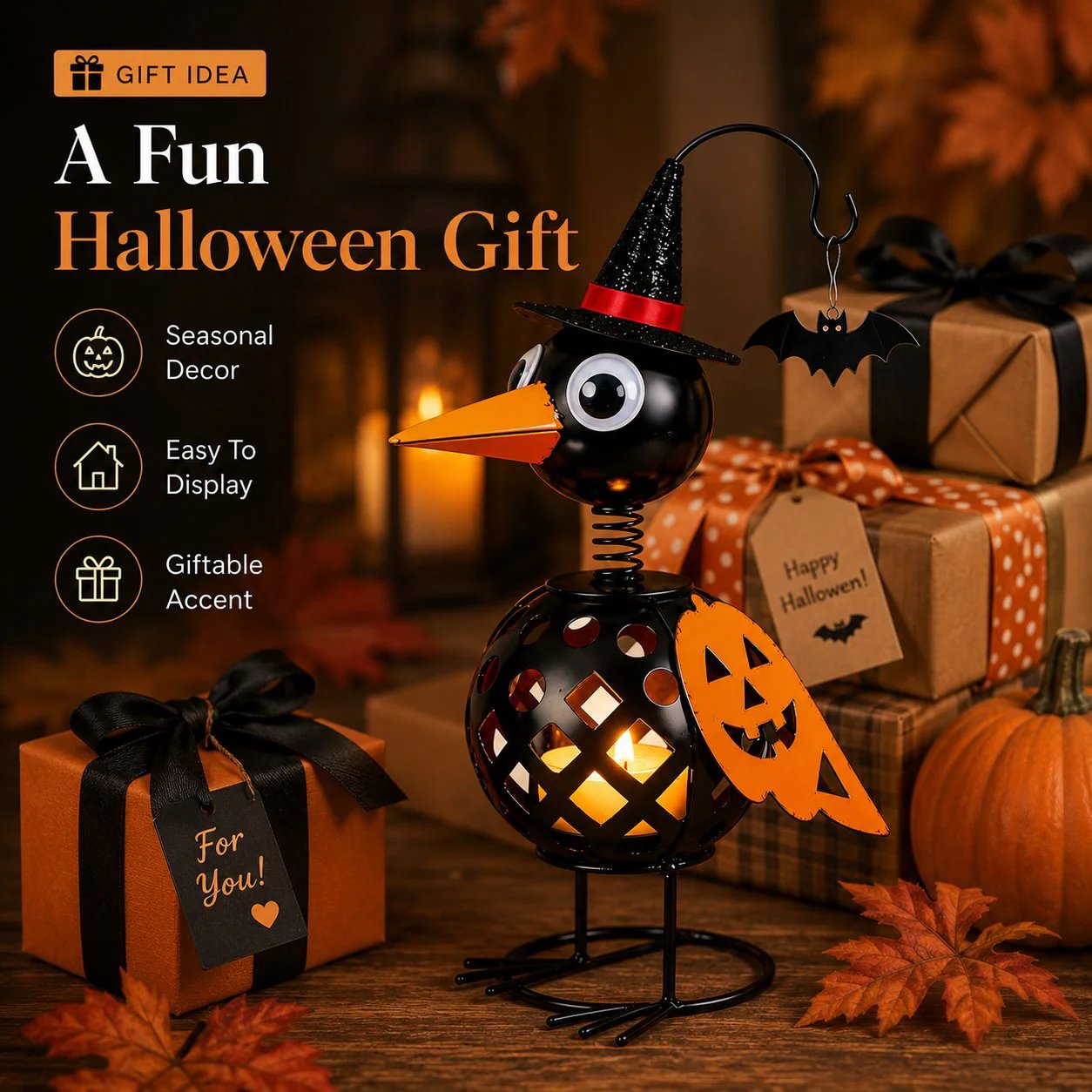 🔥Wrought Iron Crow and Pumpkin Ornament🐦🎃