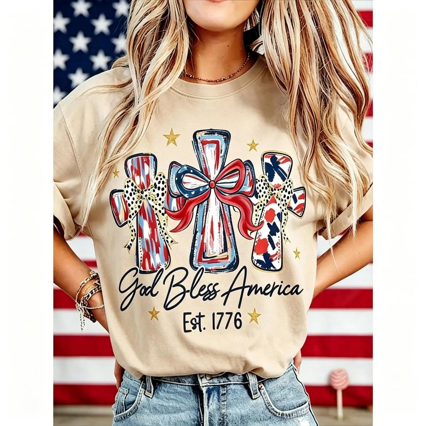 ⭐ God Bless America Women  T-Shirt - Vintage 250th Anniversary USA Gift Tee🎆