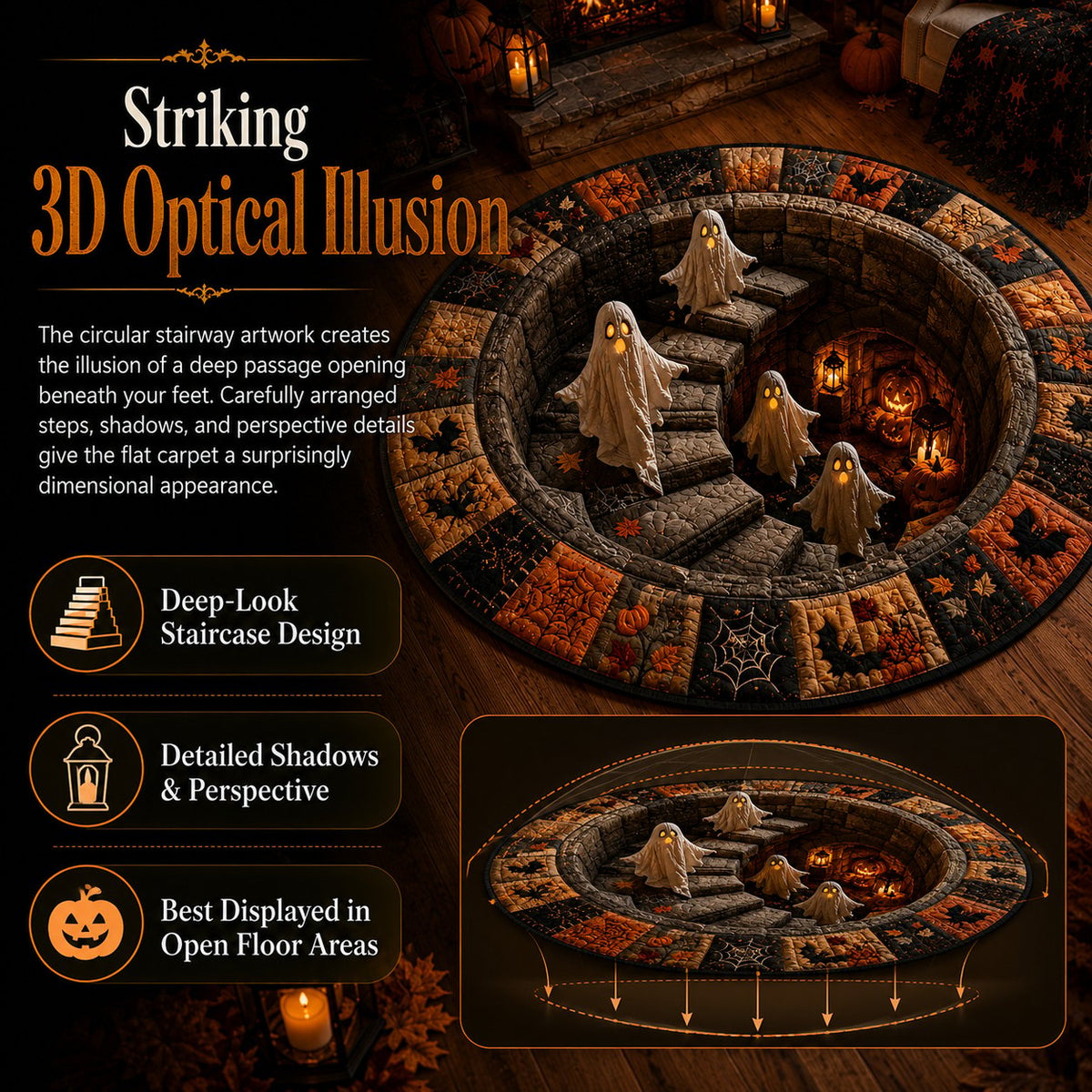 🔥 3D Haunted Staircase Round Rug – Spooky Halloween Optical Illusion 👻