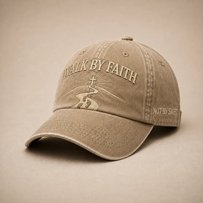 Walk By Faith khaki vintage embroidered Christian baseball cap