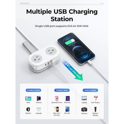 Travel Power Strip,4 Outlets 2 USB Ports (1 USB C) with 4FT Wrapped Short Extension Cord Small Power Strip