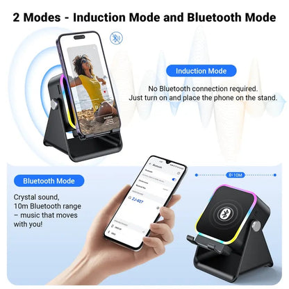 📱Wireless Induction Audio Speaker Stand, 5-in-1 Phone Stand, 1500mAh Rechargeable Emergency Power , 360° Adjustable Phone🔋