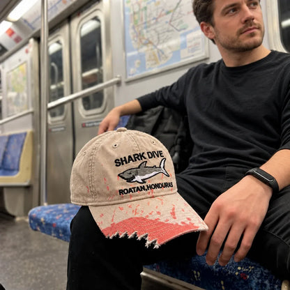 🦈 Shark Bite Baseball Cap | Embroidered Shark • Bite-Shaped Frayed Brim