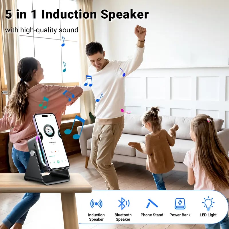 📱Wireless Induction Audio Speaker Stand, 5-in-1 Phone Stand, 1500mAh Rechargeable Emergency Power , 360° Adjustable Phone🔋