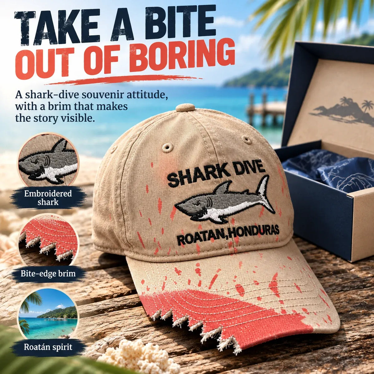 🦈 Shark Bite Baseball Cap | Embroidered Shark • Bite-Shaped Frayed Brim