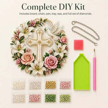 💐✝️ Cross, Flowers & Peace Dove Diamond Art Hanging Ornament Kit🌺