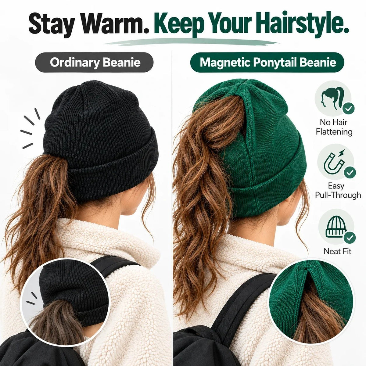 🧶 Magnetic Ponytail Beanie ❄️ – Cozy Knit Winter Hat for Messy Buns & Ponytails 💕