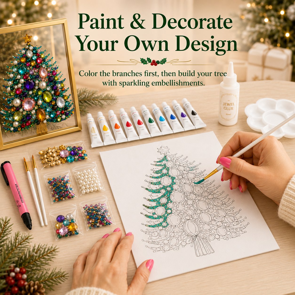 🔥 LAST DAY 49% OFF – 🎄 DIY Jeweled Christmas Tree Art Kit | Colorful Gems, Pearls, Paints & Gold-Tone Floating Display Frame 💎✨