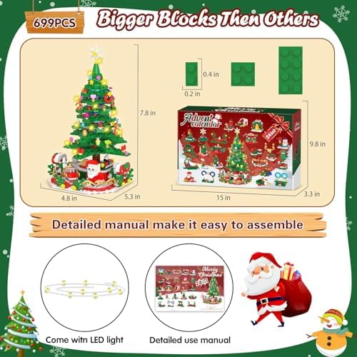 Advent Calendar 2025 for Kids Adults Teens, Christmas Countdown Calendar Compatible with Lego Christmas Tree with 2 Modes Play- Christmas Tree Building Blocks or 24 Small Models, Christmas Decor Xmax Gifts for Boys Girls